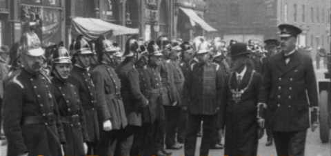 Picture of Superintendent Hadwick Inspecting Yorkshire Firemen